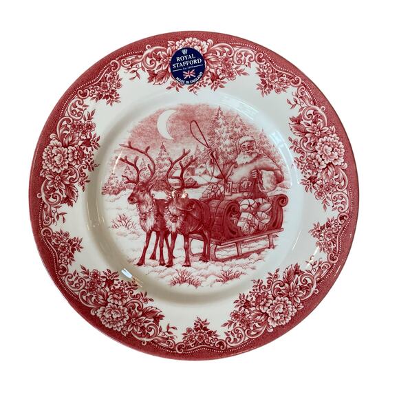 Royal Stafford Christmas SANTA'S SLEIGH RED Porcelain 8" Salad Plate Set of 4 - Picture 2 of 11
